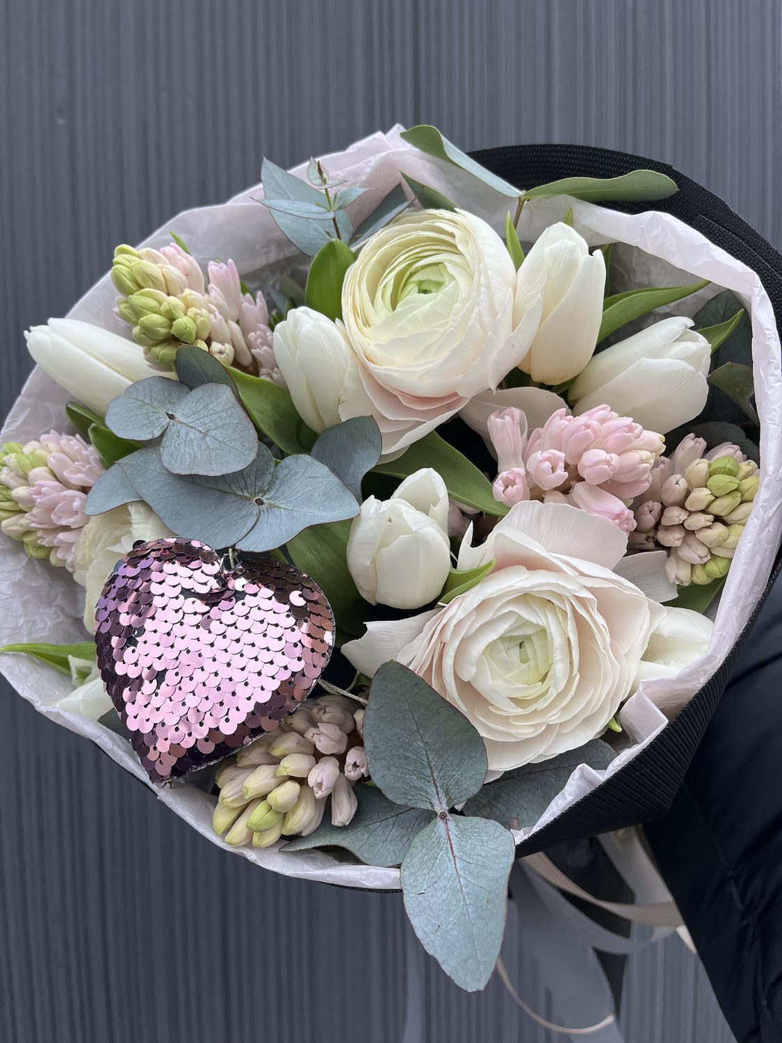 Soft heart bouquet white tulips
